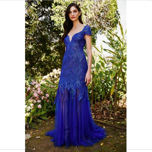 NEW $588 Tadashi Shoji Euclid Sequin Bodice‎ & Tulle Skirt Gown Blue [SZ 8 ] - Picture 1 of 13